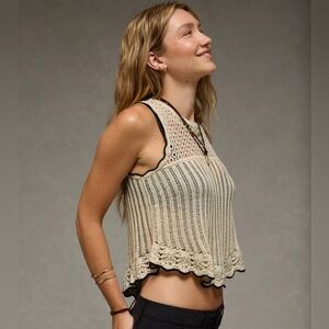 American Eagle Mixed Stitch Sweater Tank Top Shirt Black Cream Music Festival